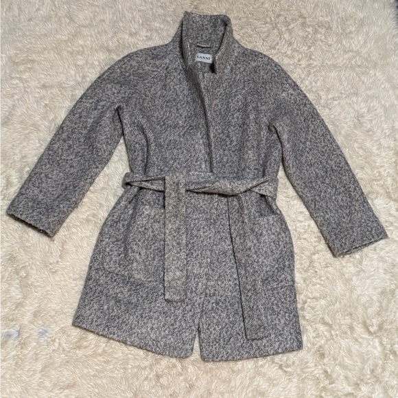 GANNI TEDDY Belted Wrap Coat Tweed Boucle Wool Blend - Size Small - Picture 3 of 10